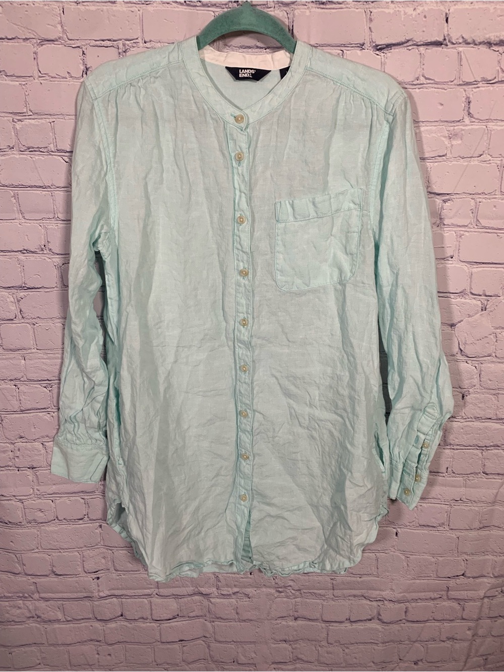 Lands' End Womens Linen Button Front Tunic Top Blue Size L Lightweight Preppy